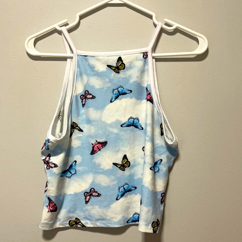 Sky blue and white tank top with Butterfly print.